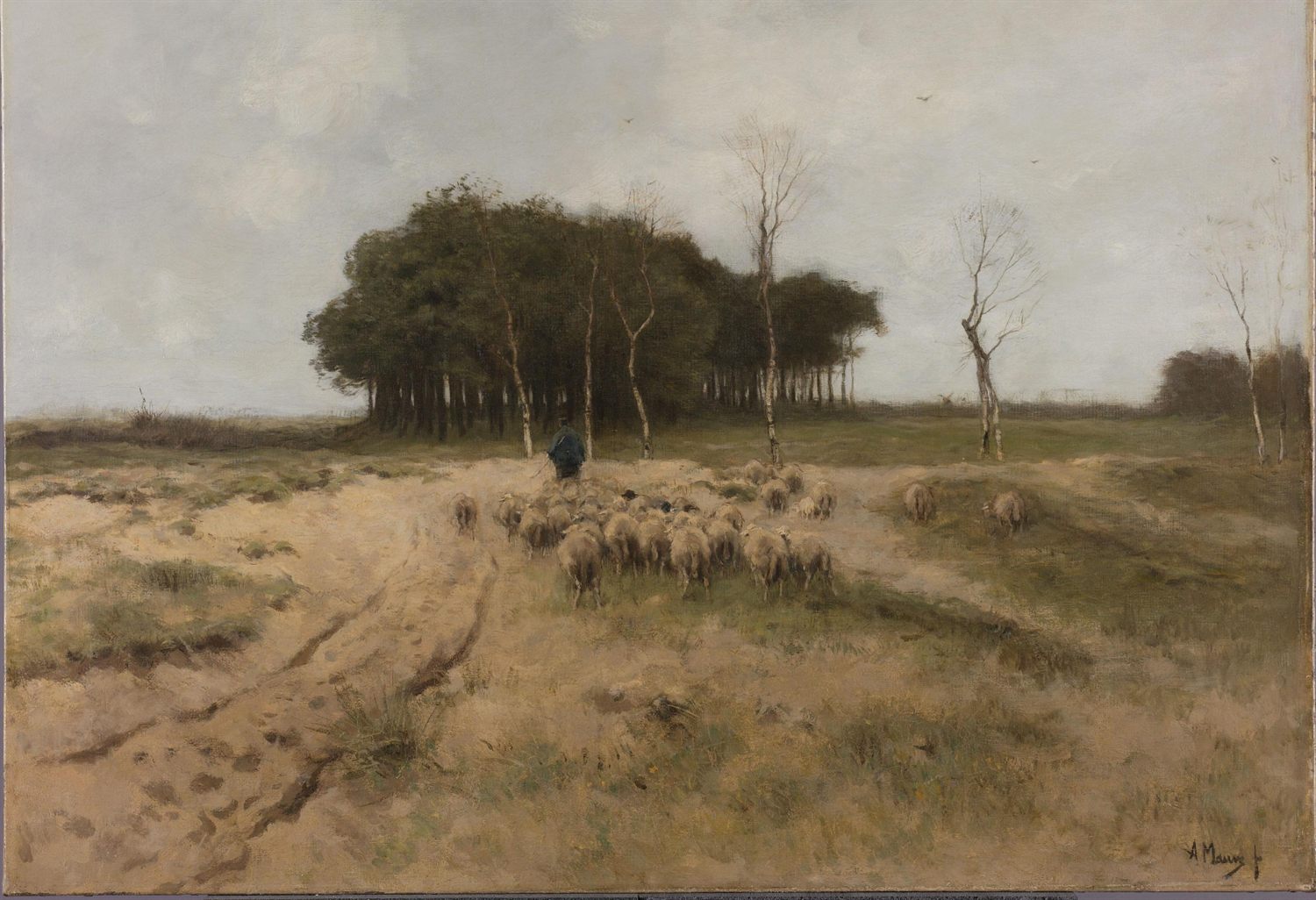 Schilderij van Anton Mauve: een schaapherder met zijn kudde op de heide bij Laren