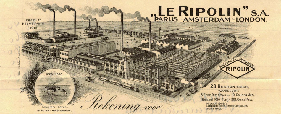 Briefhoofd van Le Ripolin S.A. met een vogelvluchtgravure van de fabriek te Hilversum, ca. 1915