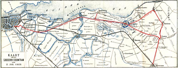Historische kaart van het netwerk van de Gooische Stoomtram, met de lijn in rood van Amsterdam door het Gooi naar Hilversum